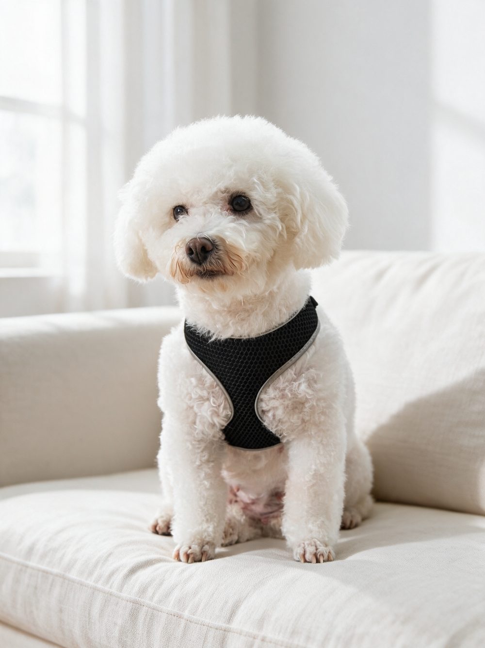A small white dog sitting on a linen cushion wearing the black mesh vest harness